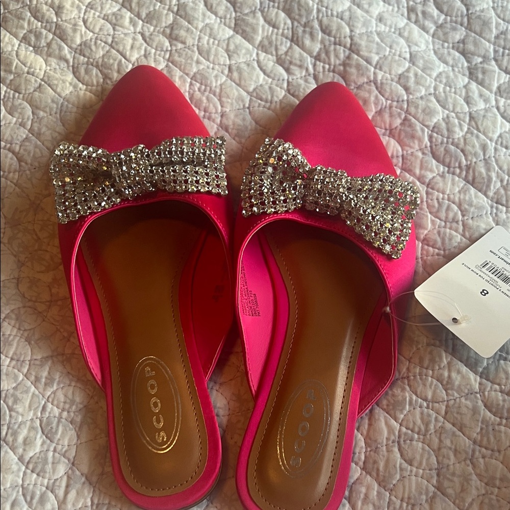 Hot Pink Satin Pointed Toe Mule with Crystal Bow